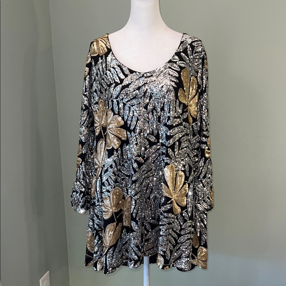 Badgley Mischka Black Sequin Tunic Top Gold Floral Blouse Evening Party Size 8